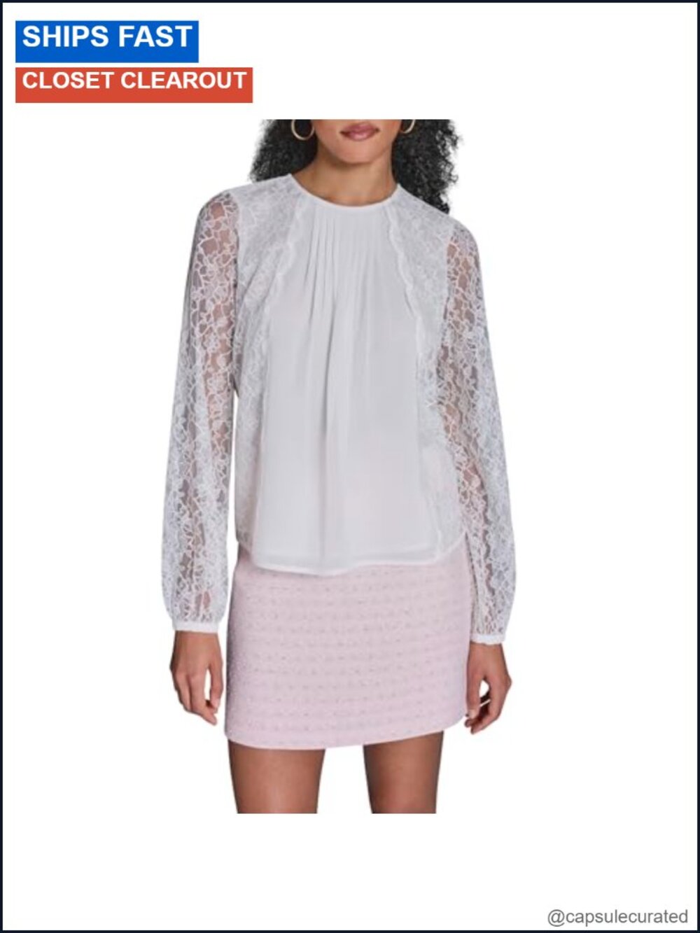 Woven Long Sleeve Lace Mixed Media Blouse, Nylon & Polyester, Dry Clean Only,